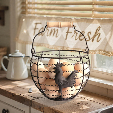 Gourd-shaped wire basket showcasing sturdy construction for daily egg gathering.
