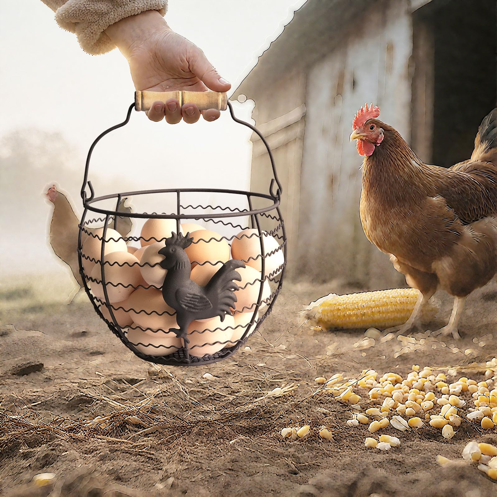 Small chicken egg basket with handle ideal for kitchen counter display.