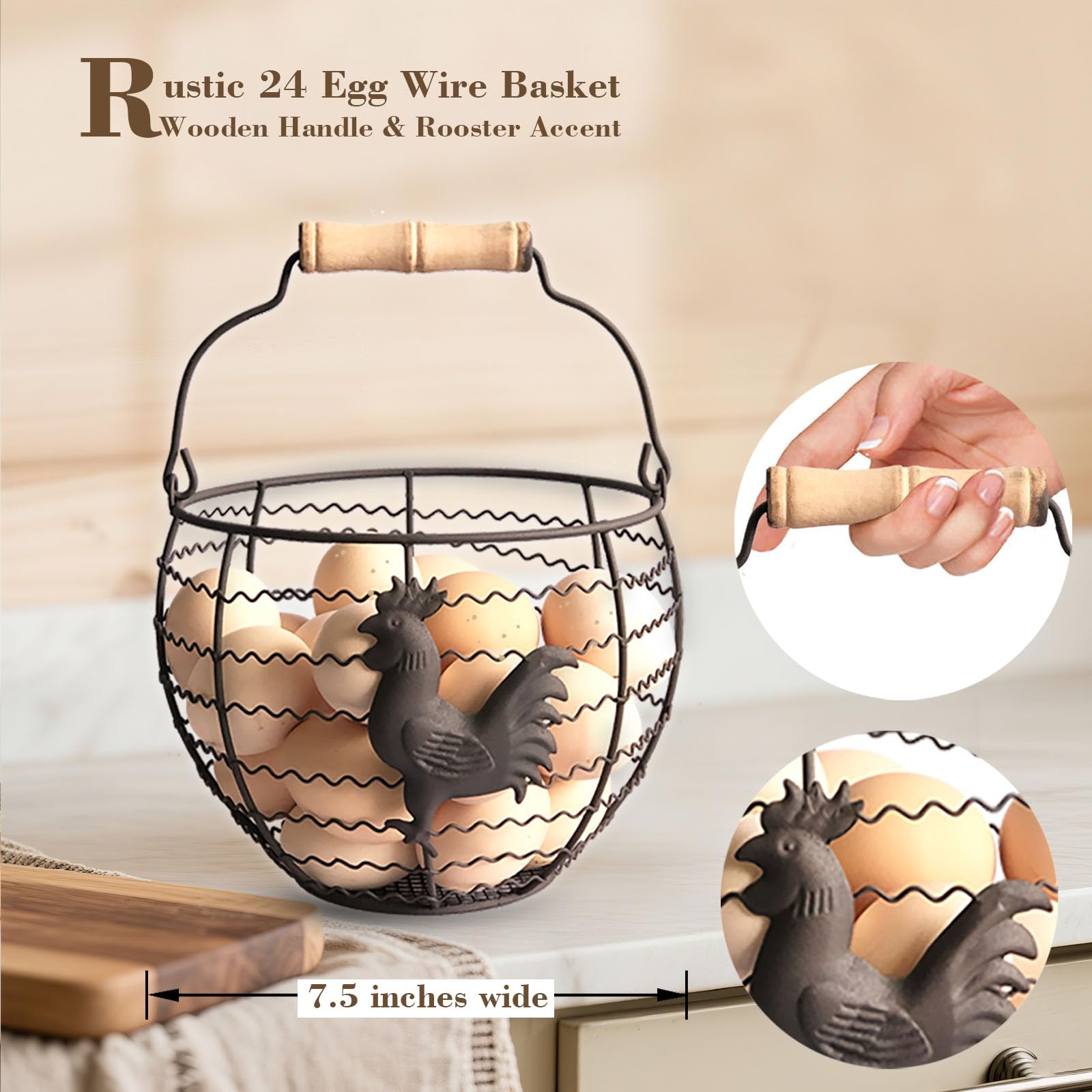 Rustic wire egg basket adds farmhouse appeal while storing up to two dozen eggs.