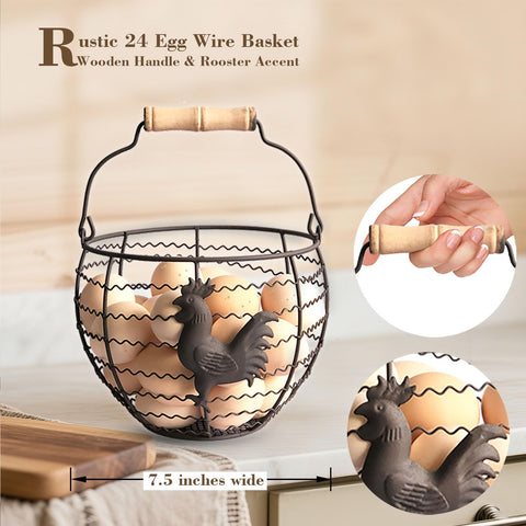 Rustic wire egg basket adds farmhouse appeal while storing up to two dozen eggs.