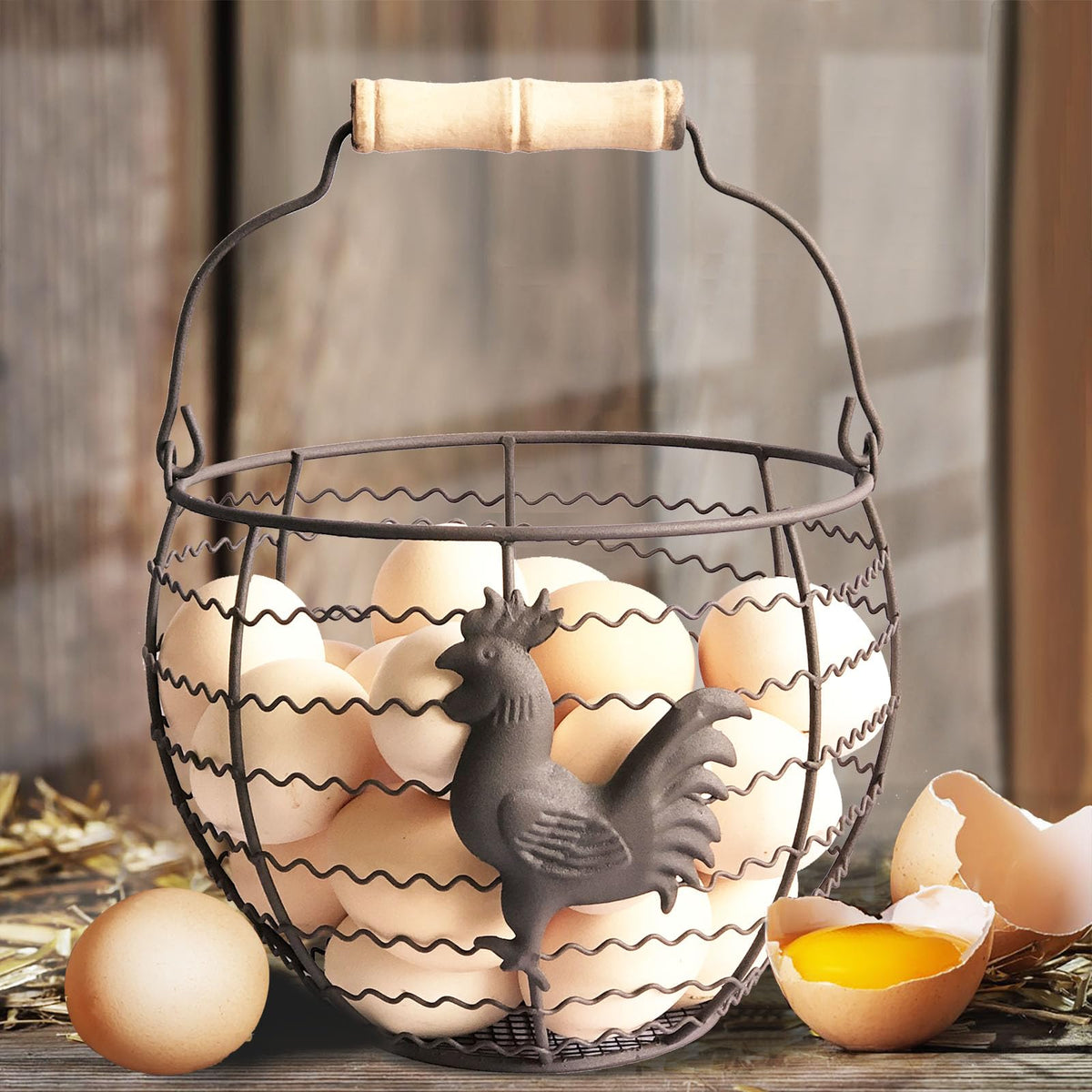 Wire egg basket with wooden handle, vintage charm for easy egg collection.