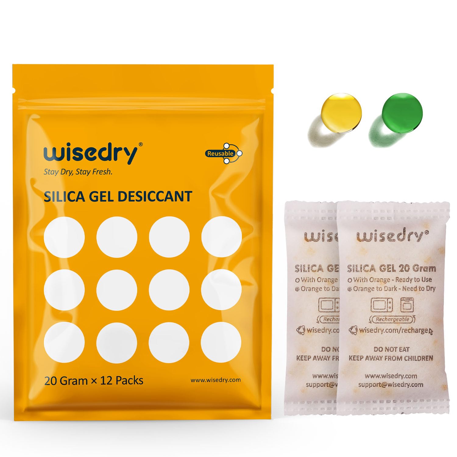 Wisedry 20g silica gel packets shown in packaging for safe storage.