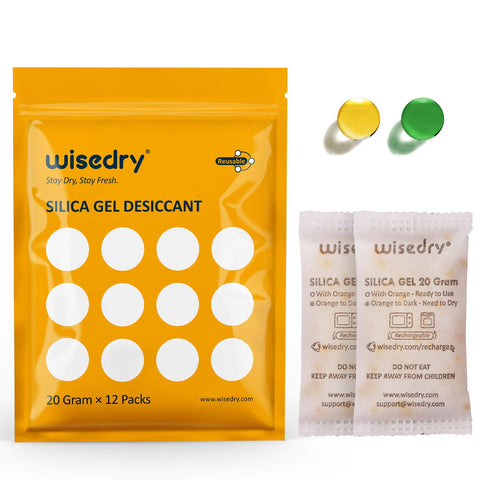Wisedry 20g silica gel packets shown in packaging for safe storage.