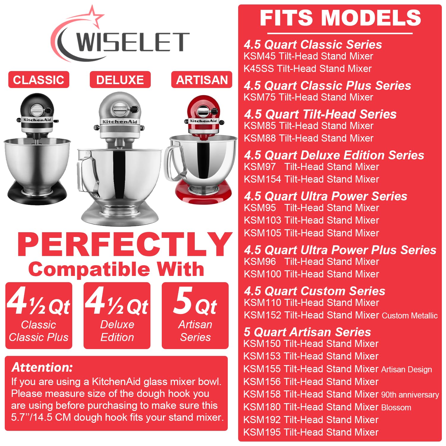 Wiselet dough hook fits KitchenAid 4.5-quart tilt-head for seamless baking.