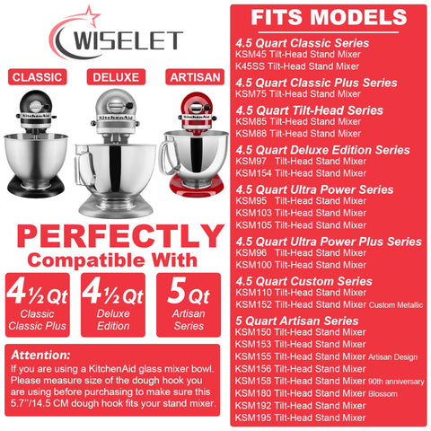 Wiselet dough hook fits KitchenAid 4.5-quart tilt-head for seamless baking.