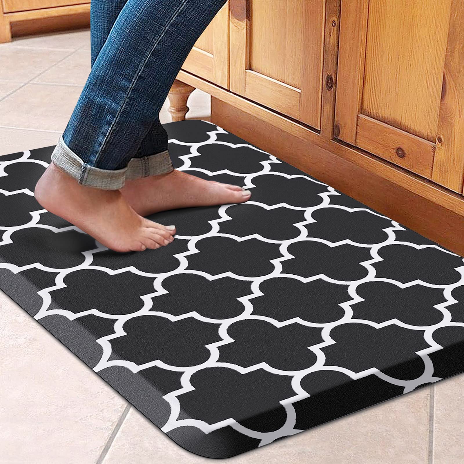 WISELIFE anti-fatigue mat on kitchen floor provides cushioned support for long cooking sessions