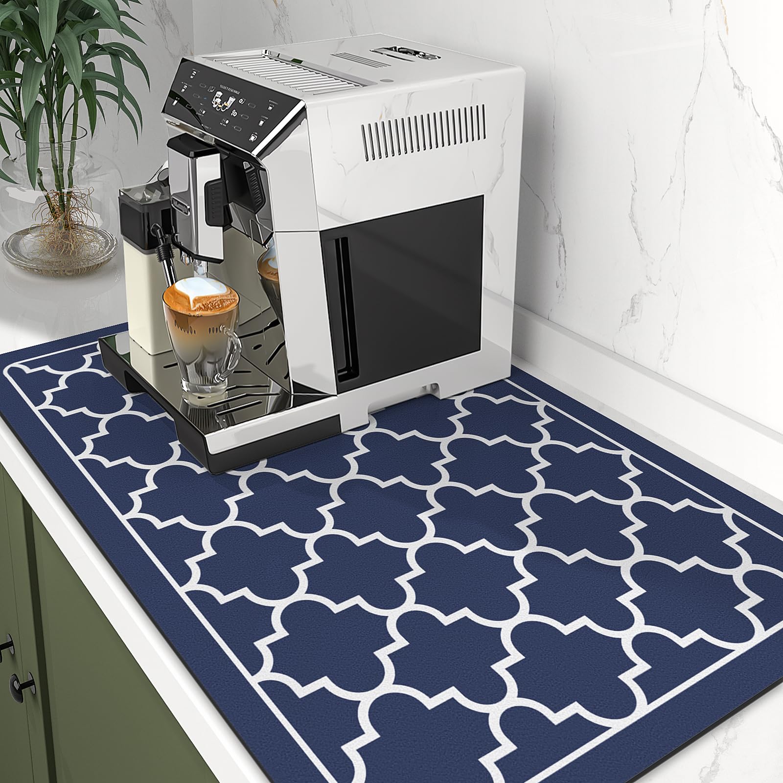 WISELIFE large blue mat on counter with dishes nearby.