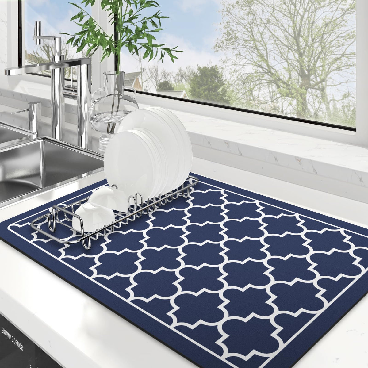 WISELIFE blue large dish drying mat on counter absorbs water quickly.
