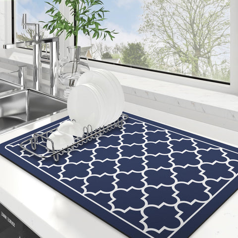 WISELIFE blue large dish drying mat on counter absorbs water quickly.