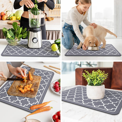 WISELIFE dish drying mat grey-color; complements modern kitchen aesthetics while drying.