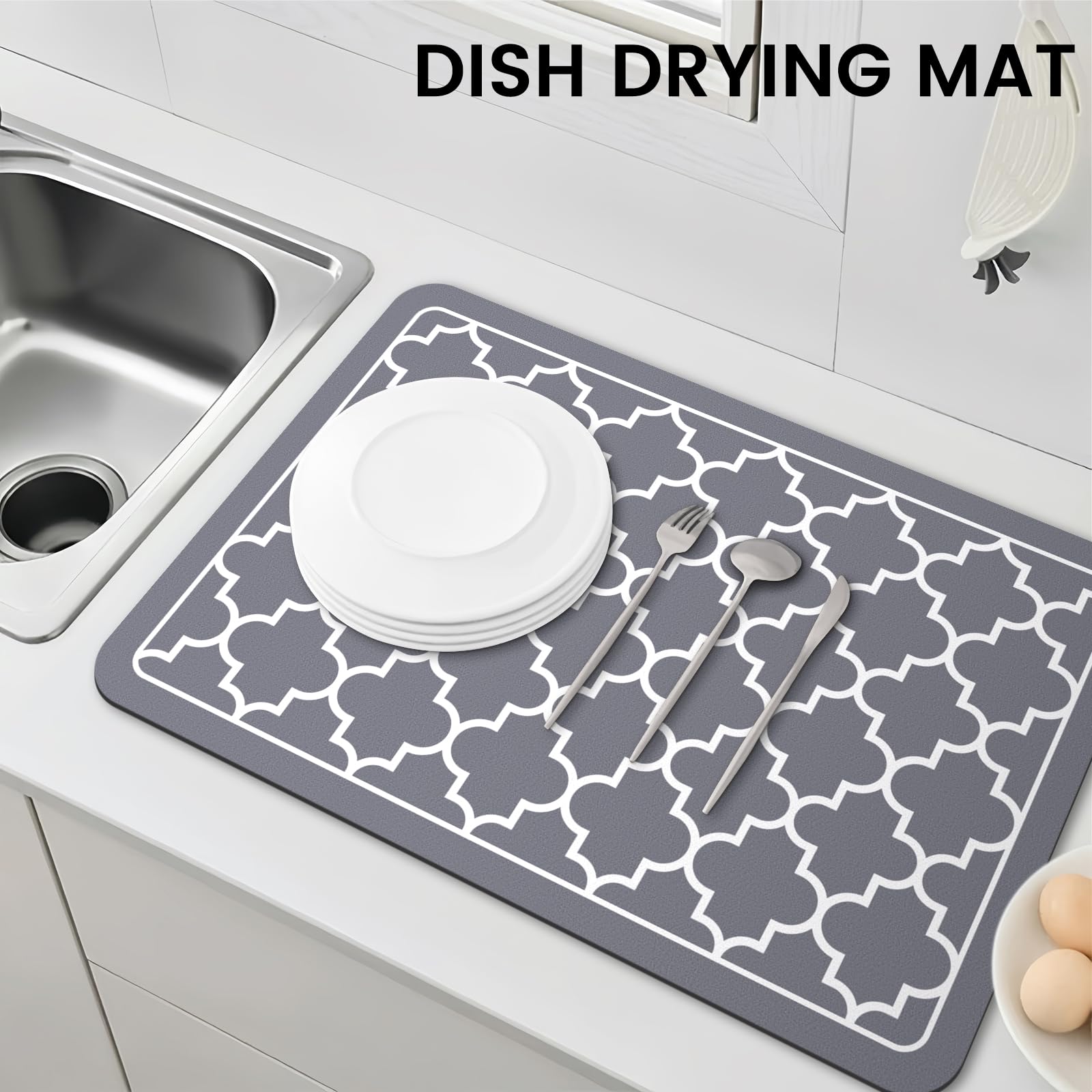 WISELIFE dish drying mat on kitchen counter; ready for daily dish tasks.