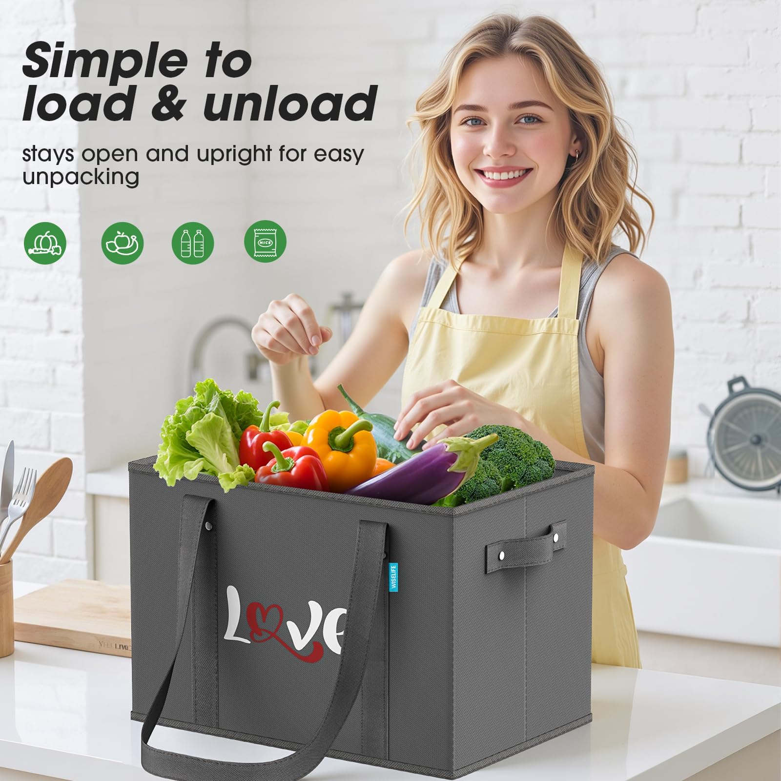 WISELIFE grocery bag riveted side handles for comfortable carrying