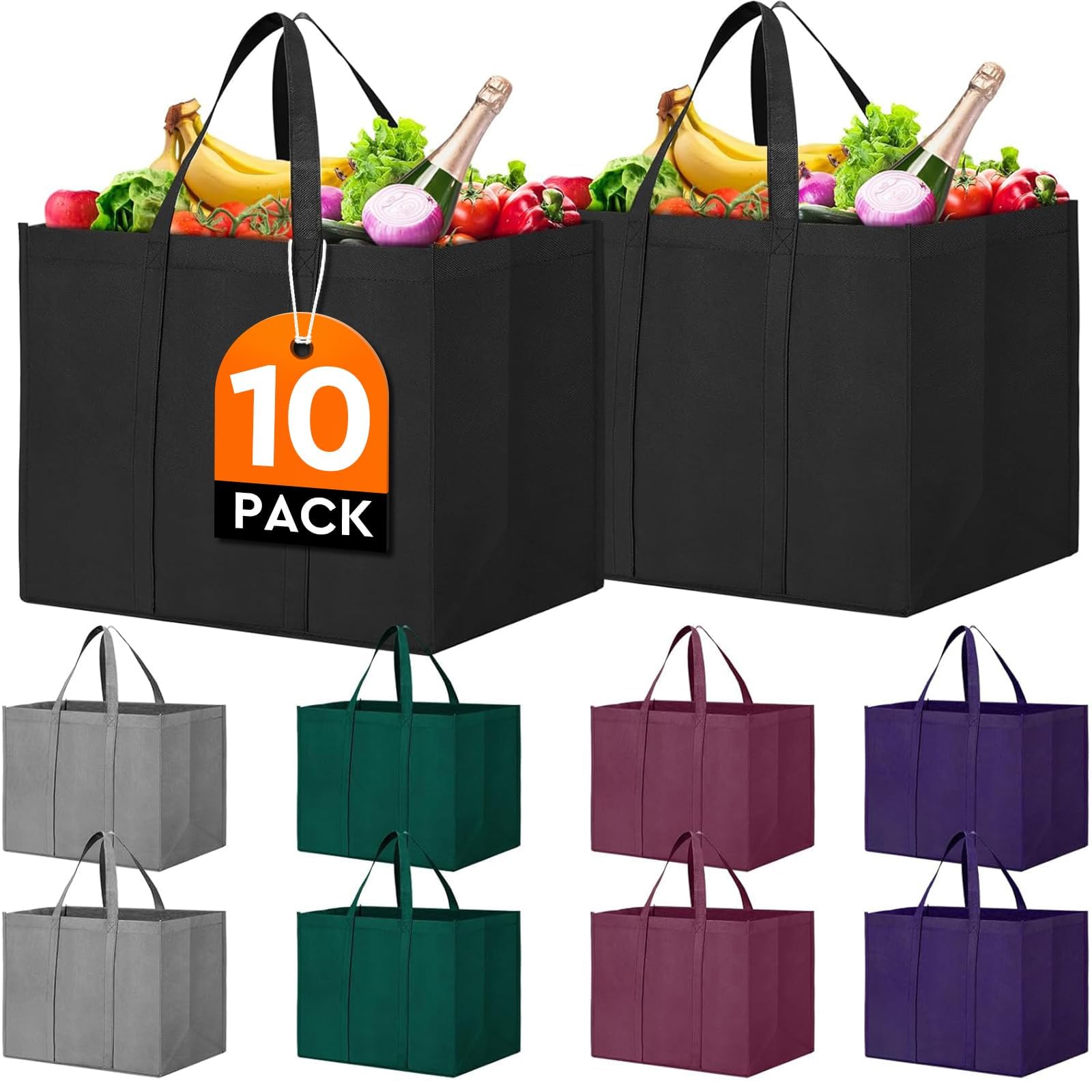 WISELIFE reusable bags bulk pack in assorted colors, durable for heavy groceries.