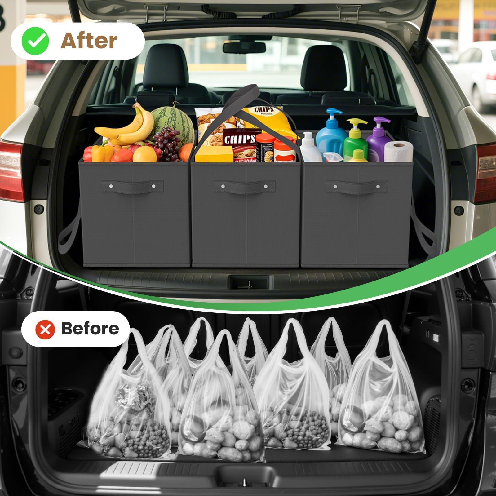 WISELIFE foldable tote folds flat for compact car storage.