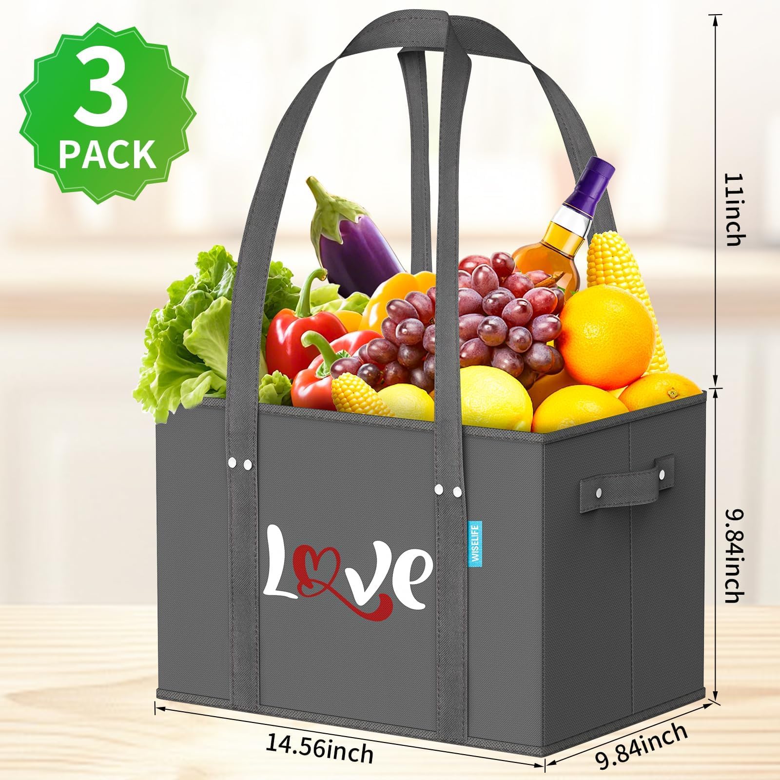 WISELIFE bag features rigid box structure for upright stability during groceries.
