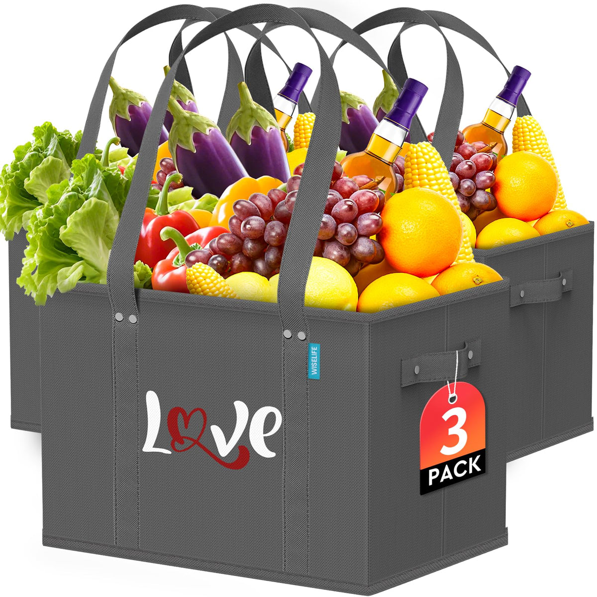 WISELIFE reusable grocery bag with stand-up design for easy loading and organized shopping.