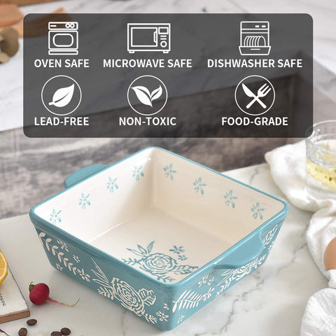 Wisenvoy bright-colored casserole dish brightens table while serving lasagna or brownies