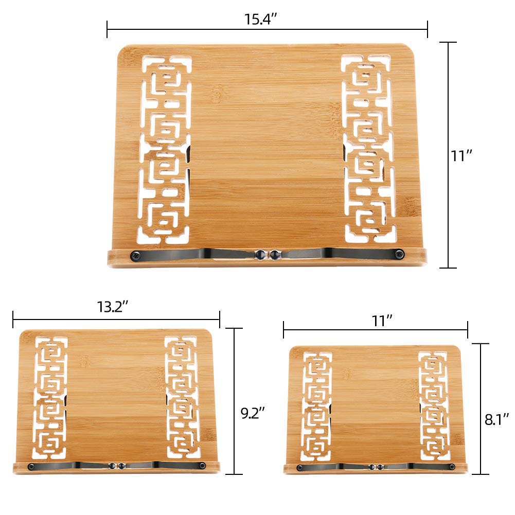 Wishacc bamboo book stand showing adjustable angle settings for comfortable viewing