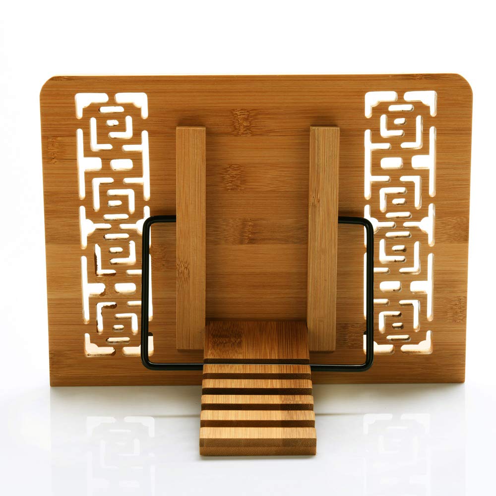 Wishacc bamboo book stand accommodates different book sizes and tablets
