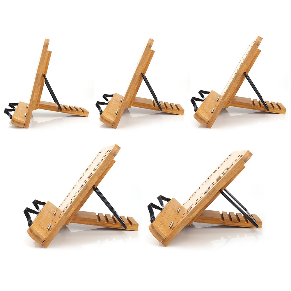 Wishacc bamboo book stand supports cookbooks, tablets, and sheet music