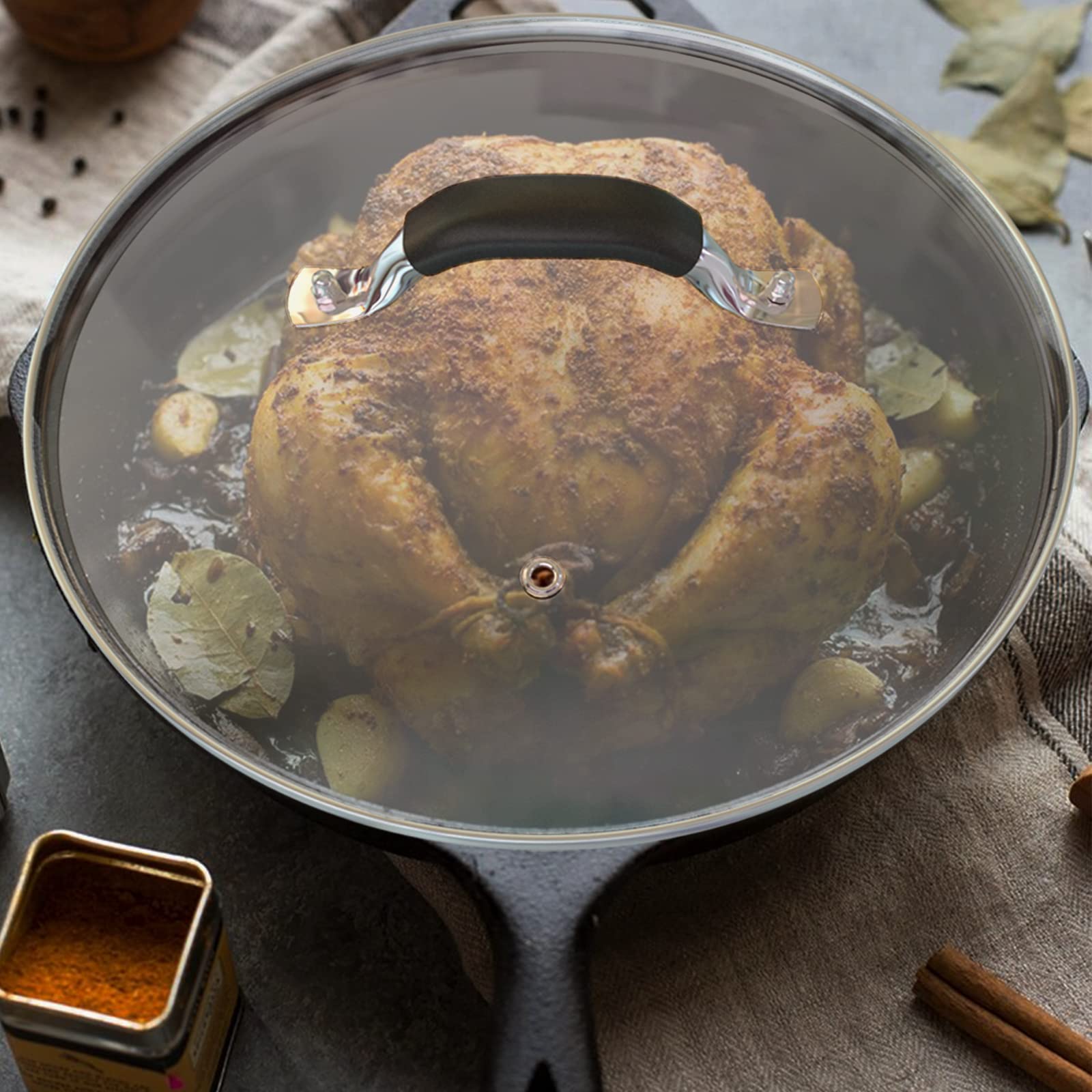 WishDirect 8-inch Lodge-compatible lid in use on skillet