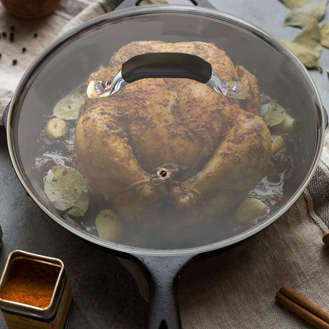 WishDirect 8-inch Lodge-compatible lid in use on skillet