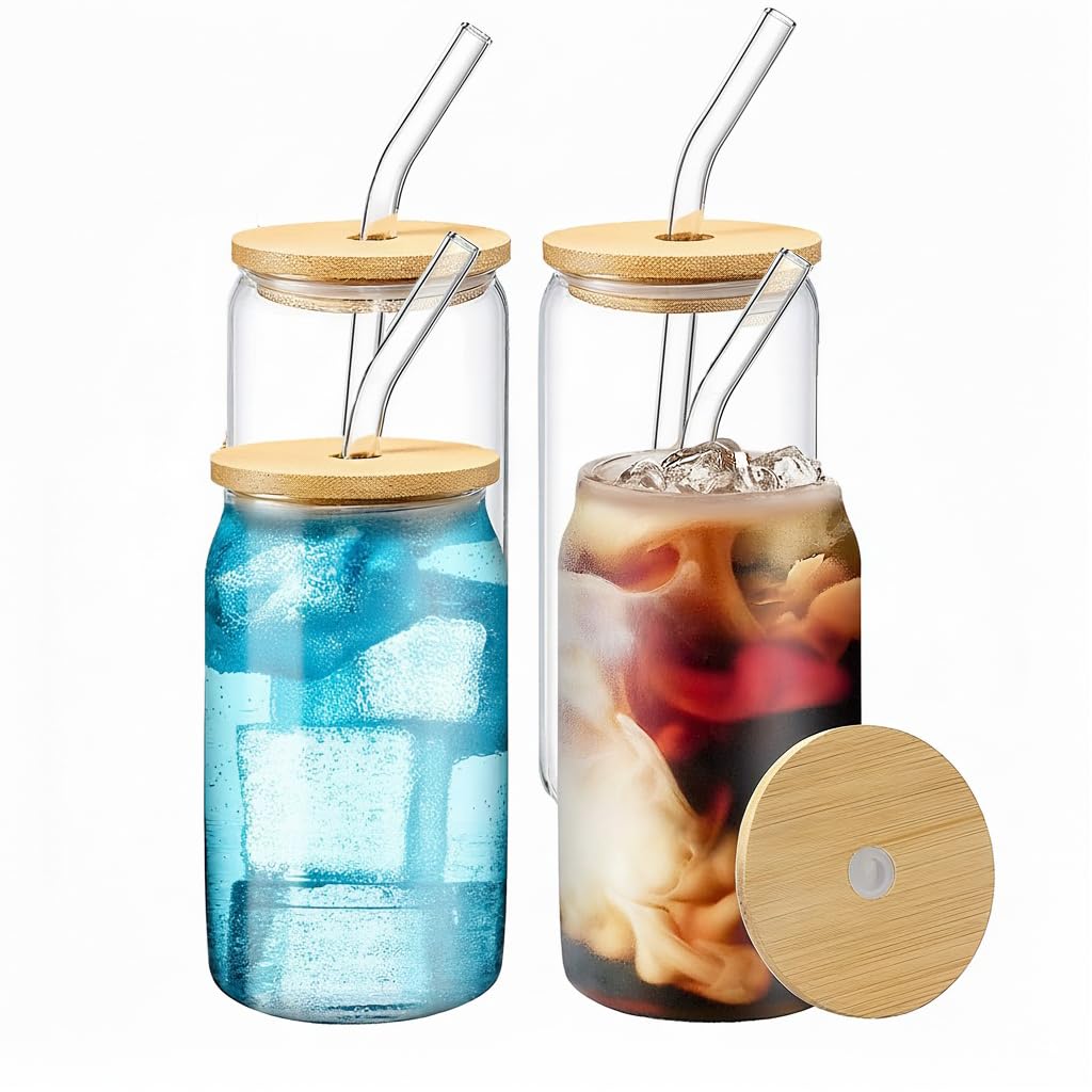 WISIMMALL 16oz glass cups with bamboo lids and straws for everyday beverages.