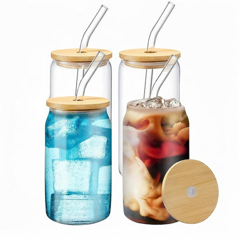 WISIMMALL 16oz glass cups with bamboo lids and straws for everyday beverages.