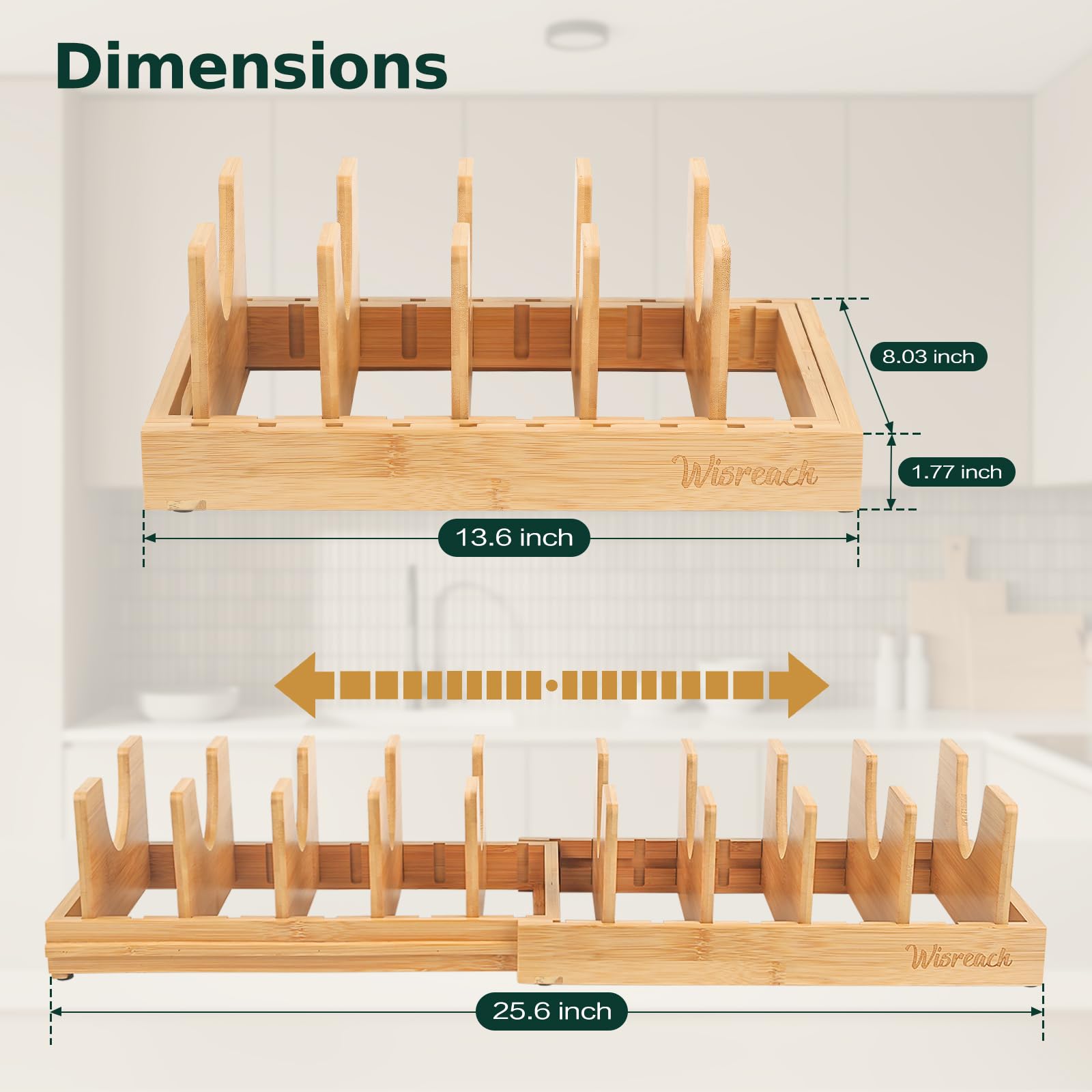 Wisreach Bamboo Pot Lid Organizer extended length demonstrates expandable storage