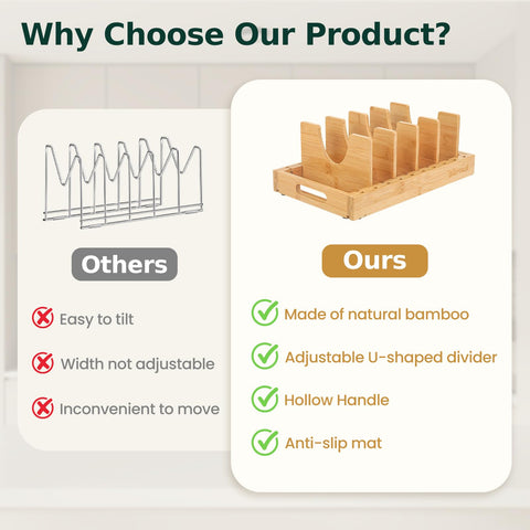 Wisreach Bamboo Pot Lid Organizer in cabinet saves kitchen space