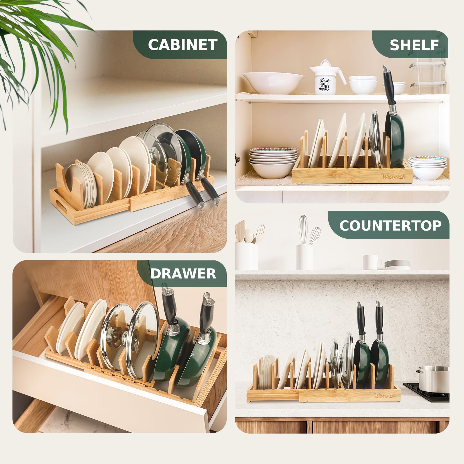 Wisreach Bamboo Pot Lid Organizer complements modern or rustic kitchens