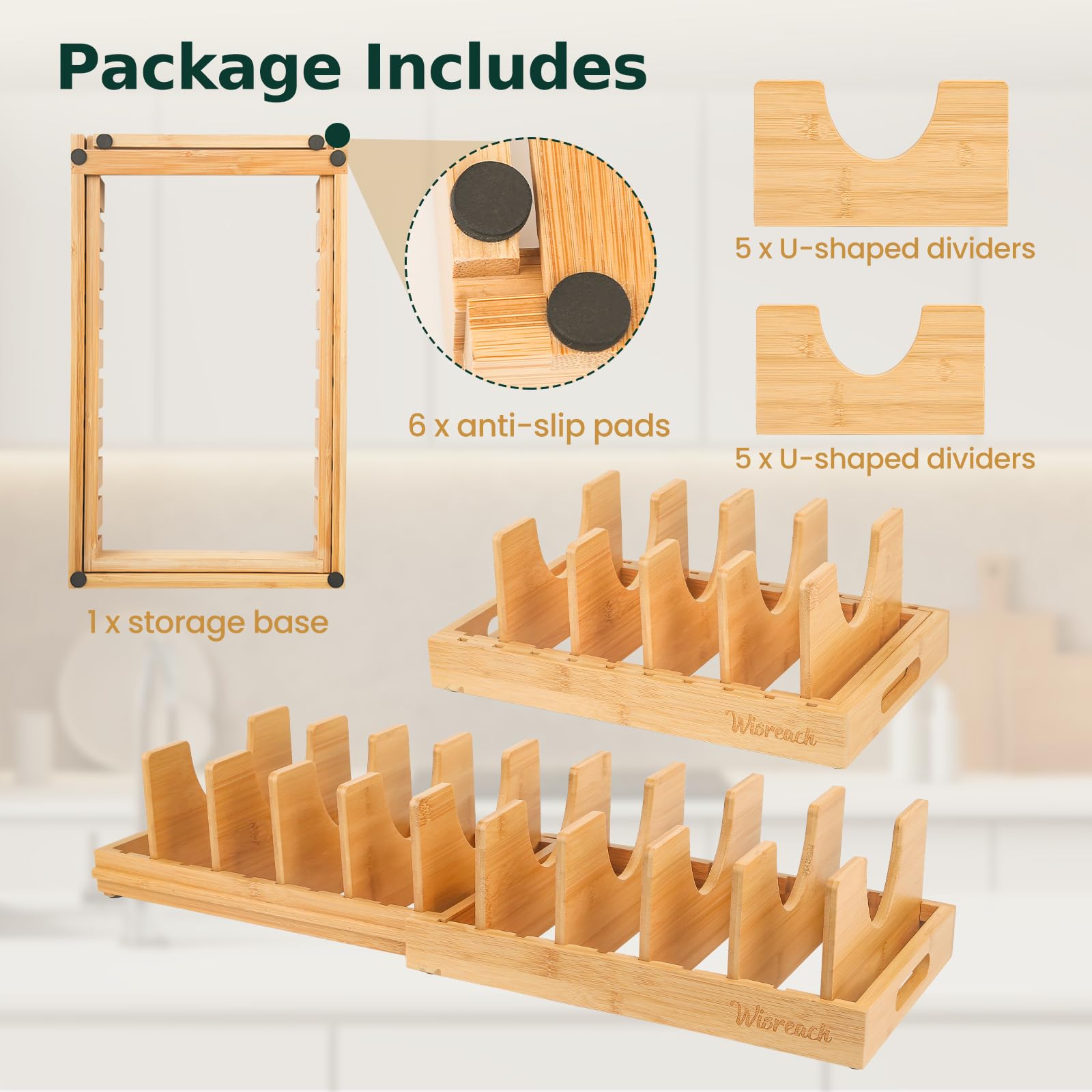 Wisreach Bamboo Pot Lid Organizer knob-slot lids cradled securely