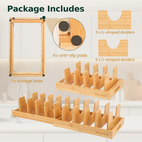 Wisreach Bamboo Pot Lid Organizer knob-slot lids cradled securely