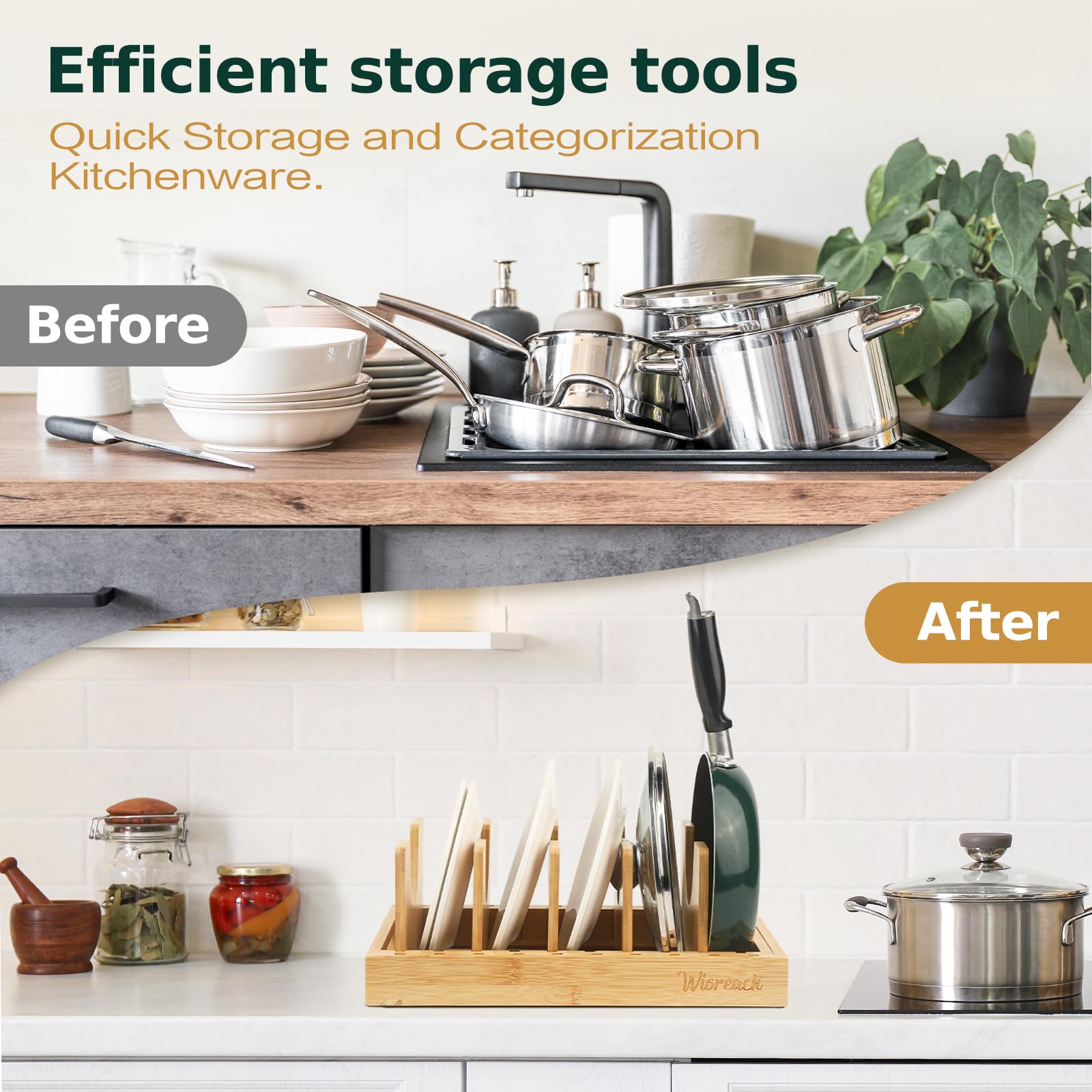 Wisreach Bamboo Pot Lid Organizer non-slip base stabilizes heavy lids