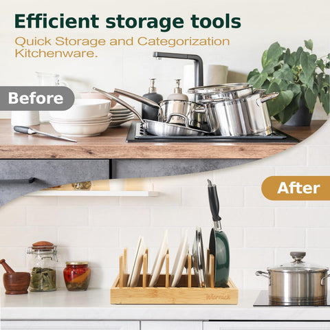Wisreach Bamboo Pot Lid Organizer non-slip base stabilizes heavy lids