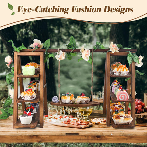 Wisreach stand with multiple trays supports cupcakes and snacks.