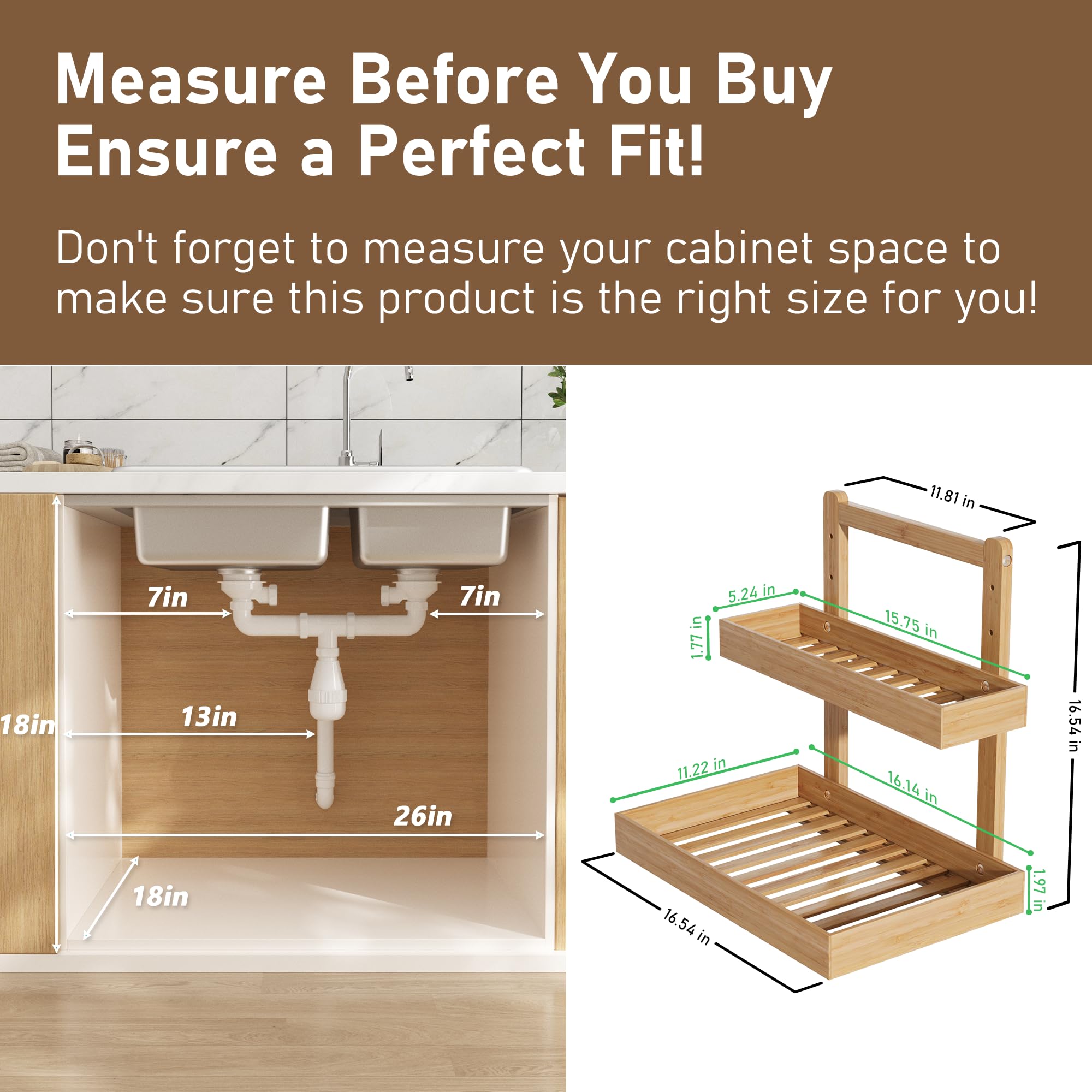 Wisuce Essentials bamboo pull-out drawer makes reaching stored items easy under sink.