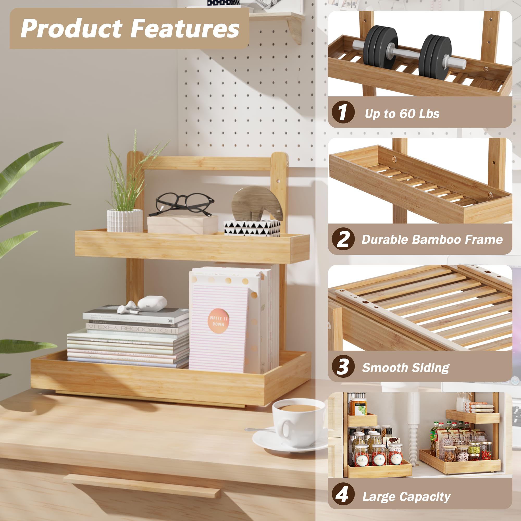 Wisuce Essentials two-tier storage shelf expands capacity for bottles and toiletries.