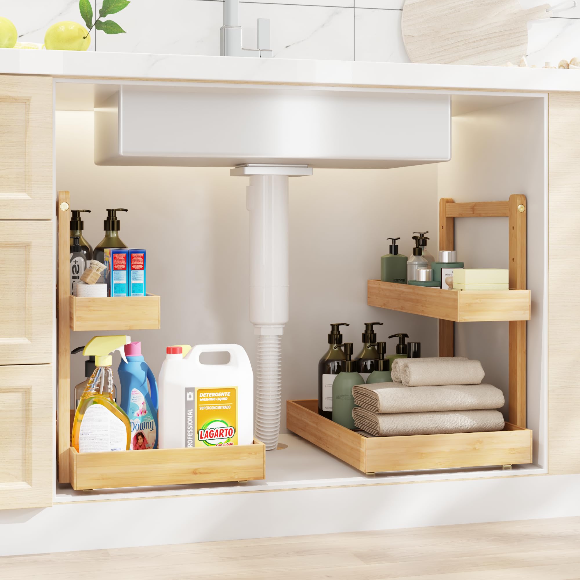 Wisuce Essentials under-sink organizer in L-shape design for efficient space and pipe clearance.