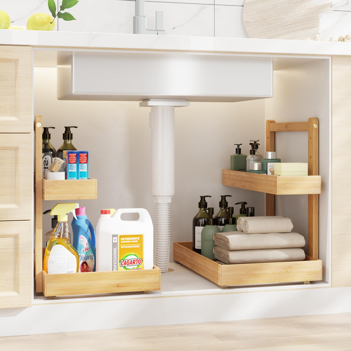 Wisuce Essentials under-sink organizer in L-shape design for efficient space and pipe clearance.