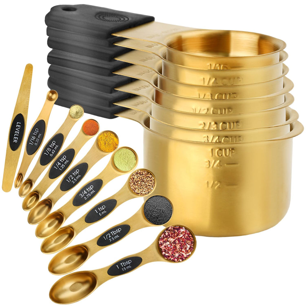 Wisvenio gold magnetic measuring cups set 16 for precise dry and liquid measurements.