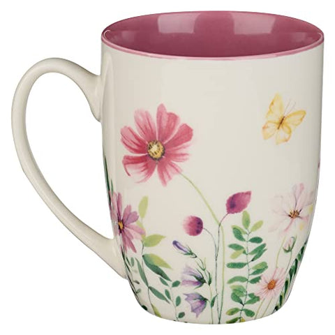 WITH LOVE mug shows purple wildflowers, 12oz ceramic for daily use