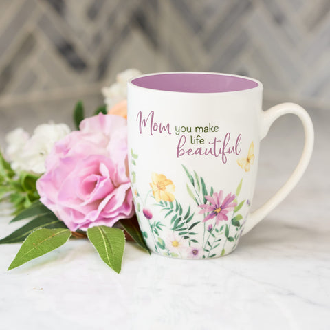 WITH LOVE mug displays mom you make life beautiful amid purple wildflowers