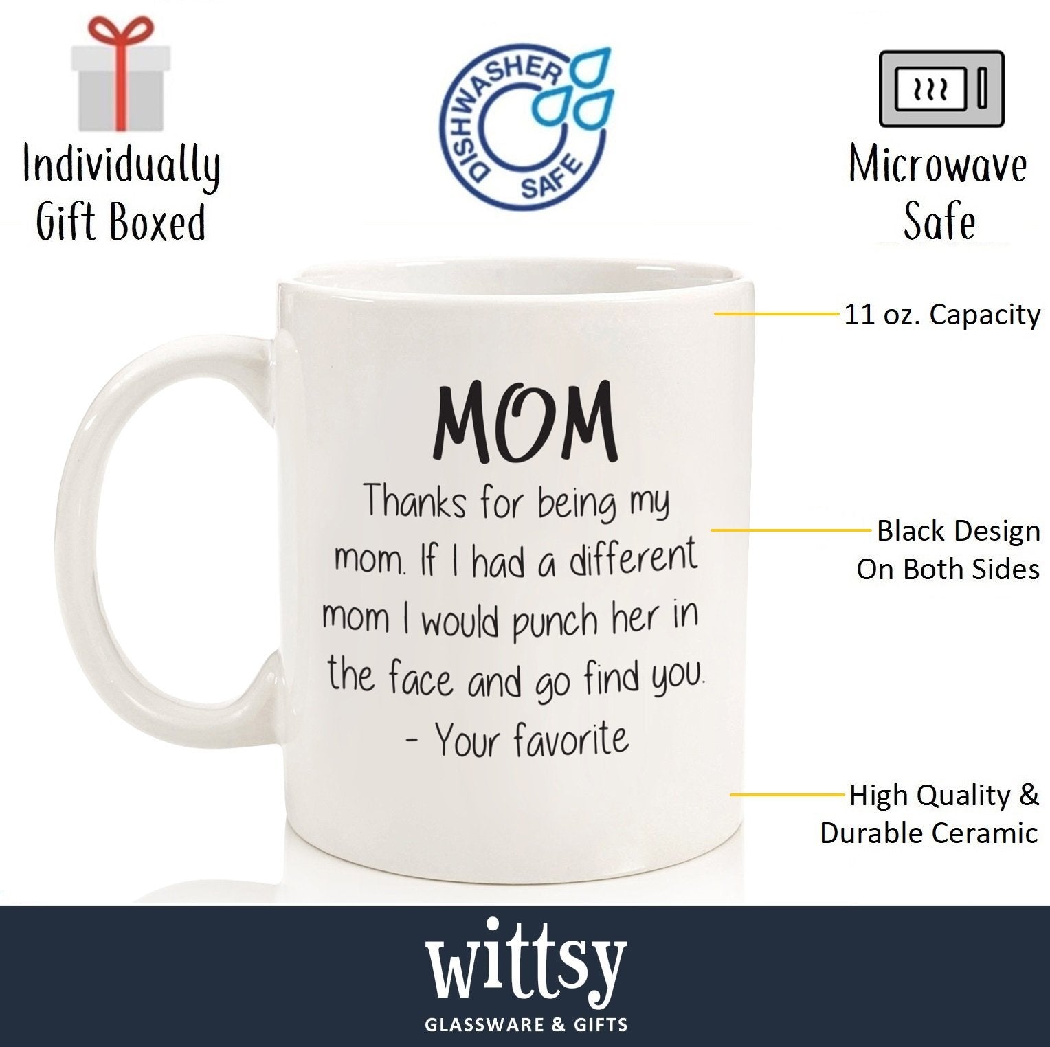 Wittsy Glassware mom mug design on both sides highlights cheeky gift idea