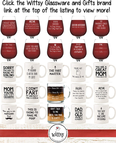Close view of humorous Wittsy design on the wine glass