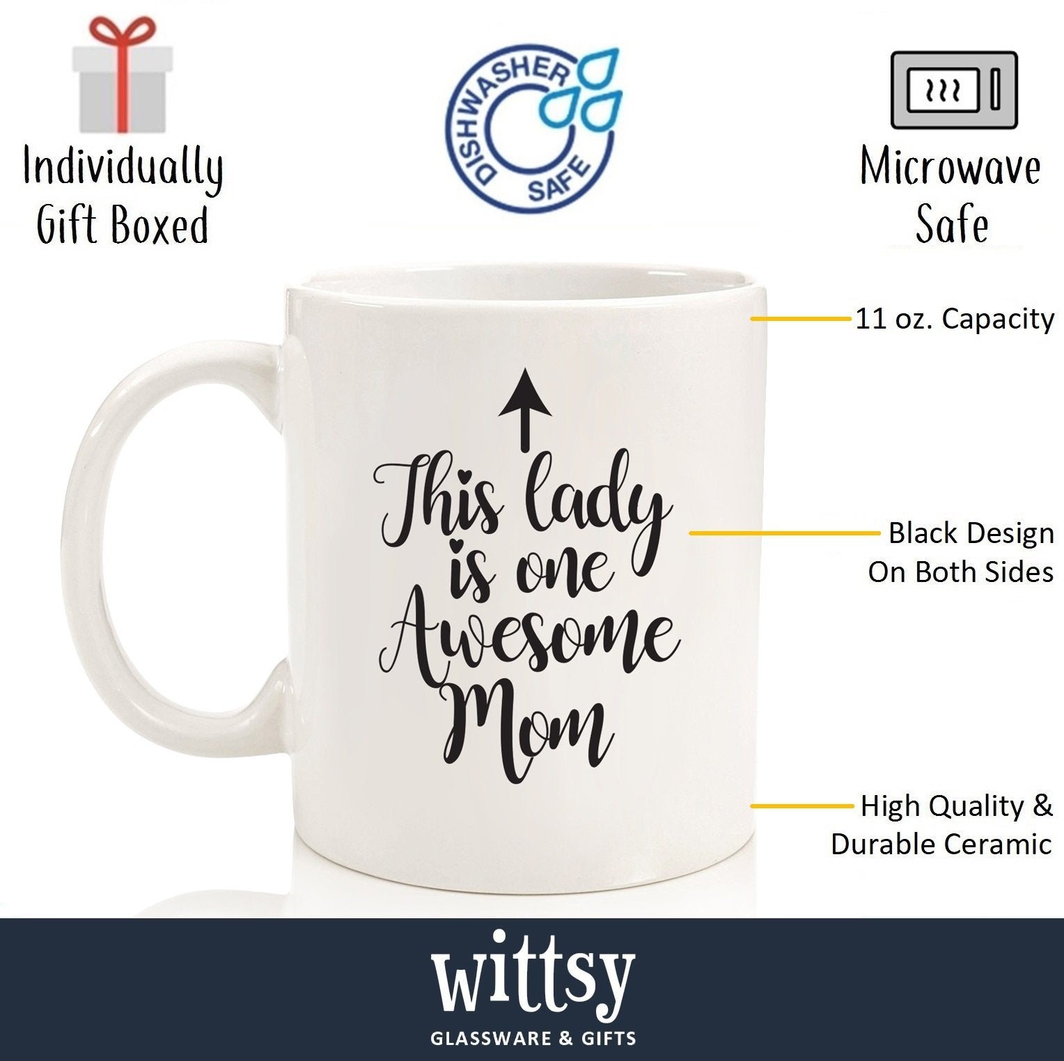 Wittsy One Awesome Mom mug with double-sided design visible from both sides.