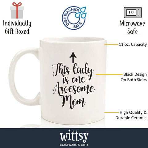 Wittsy One Awesome Mom mug with double-sided design visible from both sides.