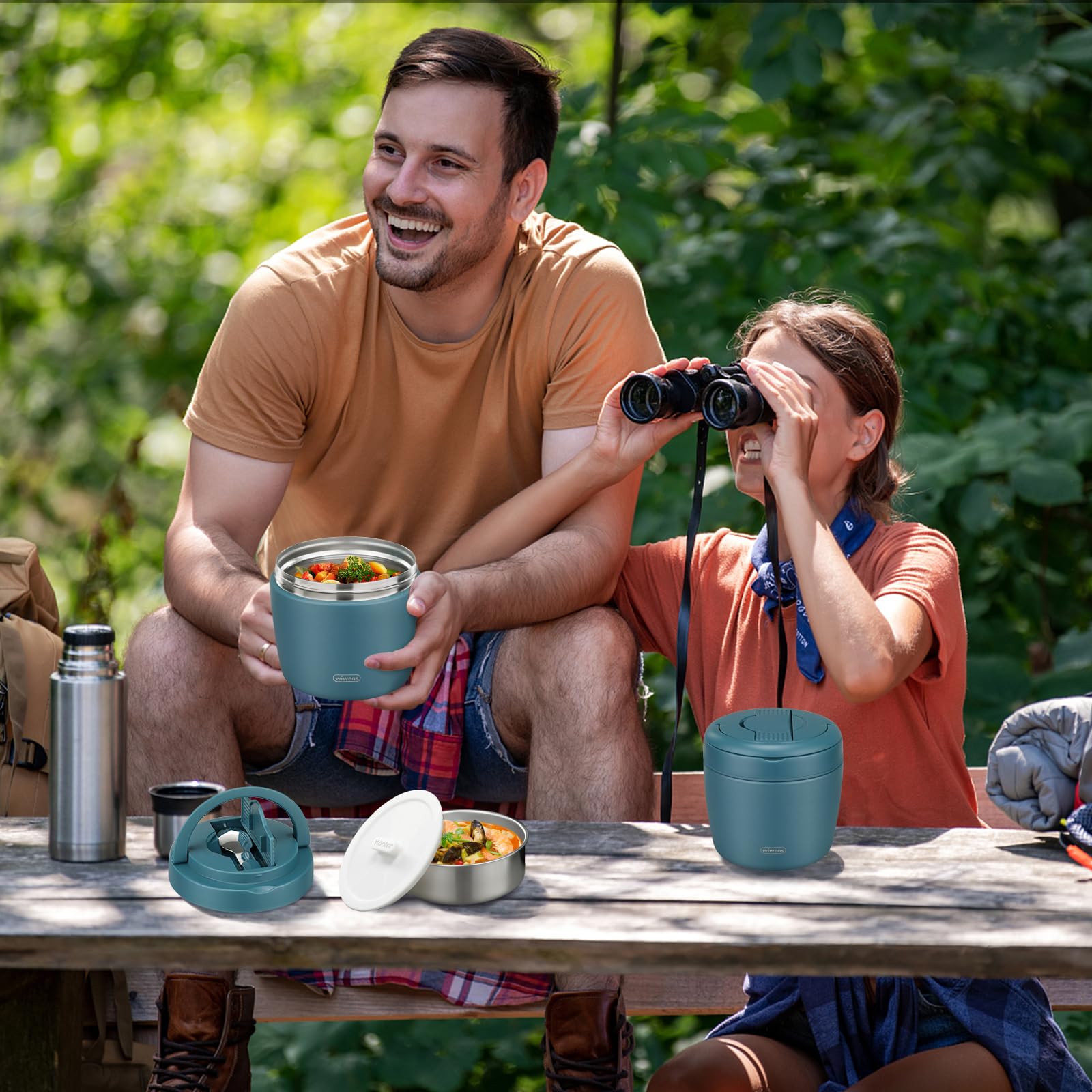wiwens Thermo Food Jar in use, lake blue design for hot or cold meals