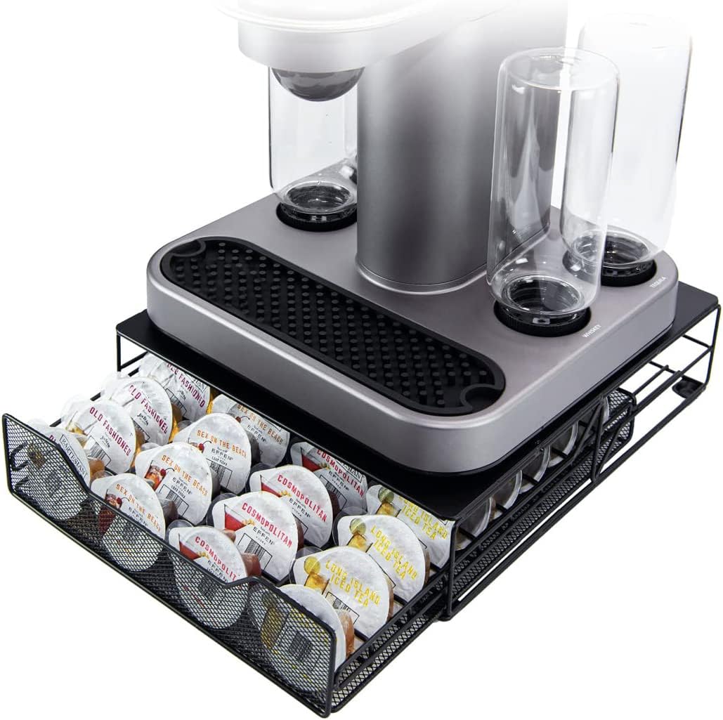 WIWIWISAM metal pod holder with Bartesian drawer keeps 36 pods organized and accessible.
