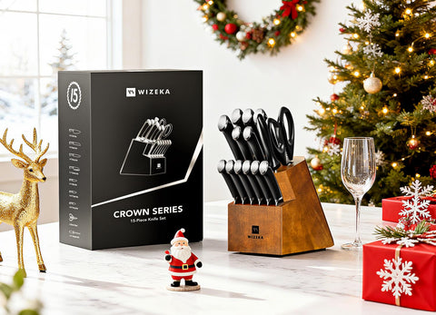 WIZEKA 15-piece knife set highlights high-carbon steel durability and sharpness.